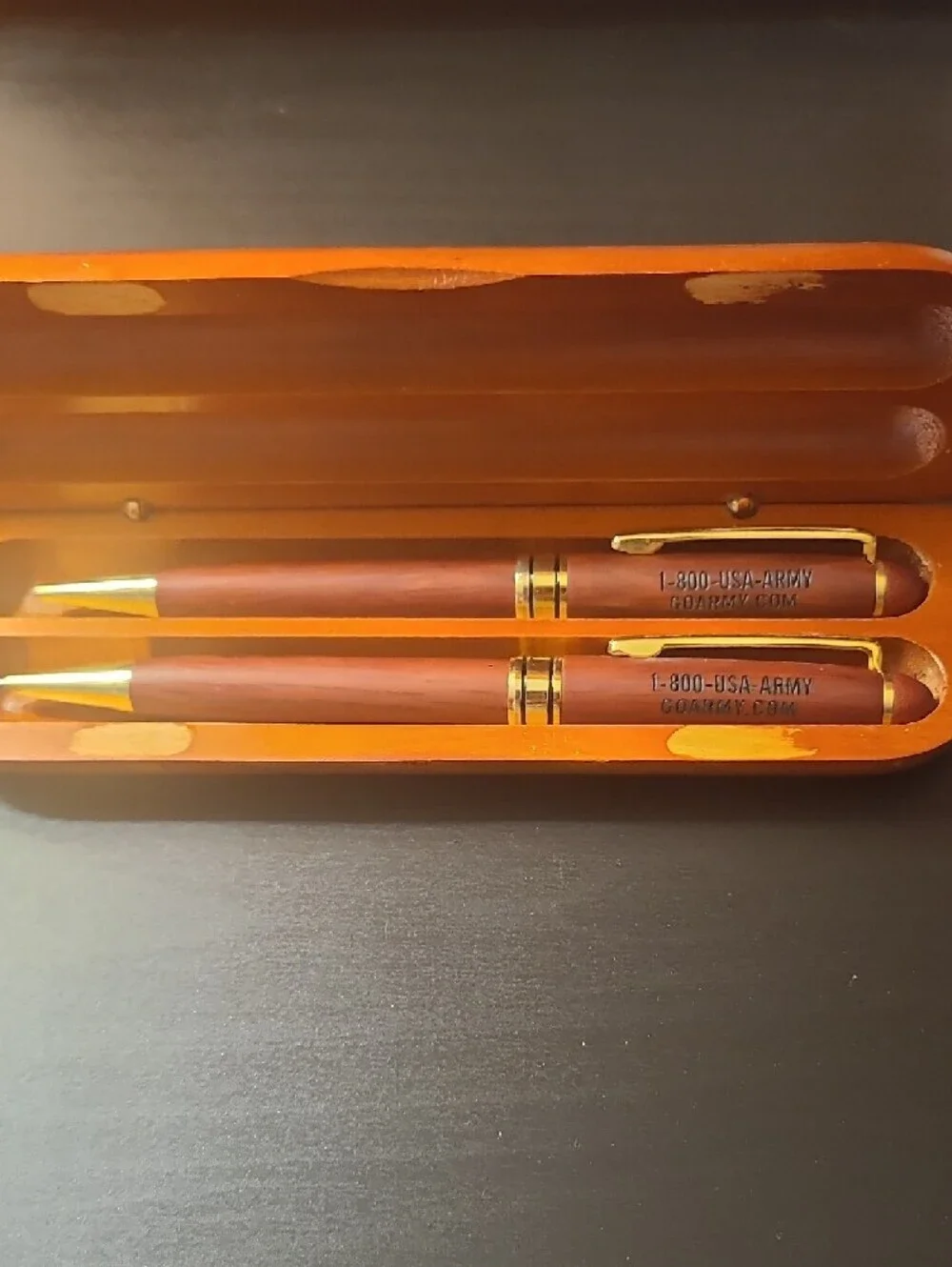 U.S. Army Orange Wood Set Pen and Pencil  With Black Logo Case.